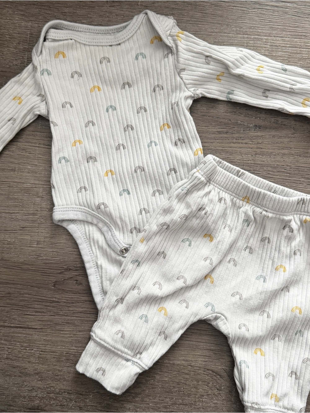 Neutral Ribbed Baby Bodysuit & Pant Set with Tiny Rainbow Print
